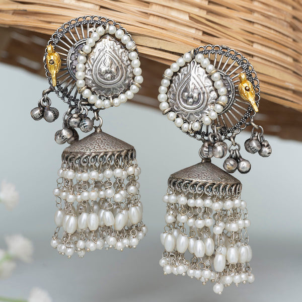 Oxidised earring with black & cz stones and pearl – Prashanti Sarees
